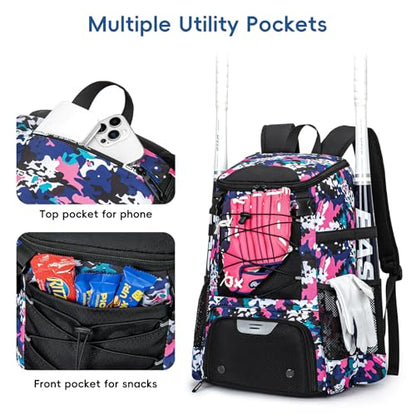 KAVIGOR Baseball Bag for Youth and Adult, Softball Backpack 40L Large Capacity, Bat Backpack with Shoes Compartment and Hidden Helmet Holder - color: Pink Camo