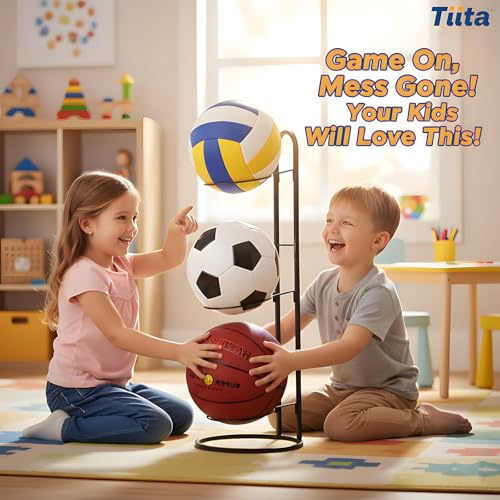 Tiita Basketball Ball Storage Rack, 3-Tier Garage Sport Equipment Organizer, Freestanding Ball Storage Holder Removable Vertical Display Stand for Volleyball, Soccer, Football & Basketball