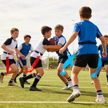 Flag Football Belts, 14 Player Adjustable Flag Football Set with 28 Flags for Youths Adults - Fits Up to 22-46" Waist - color: Red, Blue