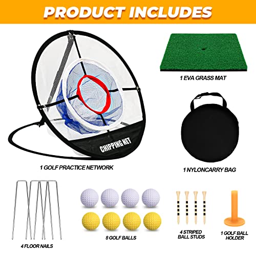 Pop Up Golf Chipping Net & Mat, Target Practice Set - 8 Balls, 4 Tees, Collapsible for Indoor/Outdoor Swing Training