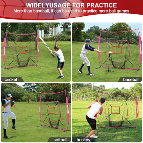 BaseGoal 7'×7' Baseball Softball Practice Net,Baseball Backstop,with Batting Tee,for Hitting Pitching Batting Catching with Bow Frame,Bonus Strike Zone - style: Purple-A