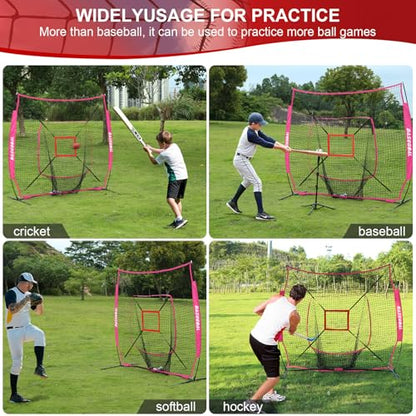 BaseGoal 7'×7' Baseball Softball Practice Net,Baseball Backstop,with Batting Tee,for Hitting Pitching Batting Catching with Bow Frame,Bonus Strike Zone - style: Purple-A