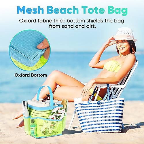 EUDELE Mesh Shower Caddy Portable, 8-Pocket Large Capacity, Quick Dry, Easy Clean, Ideal for Beach, Swimming, Gym, Travel - color: Fluorescent Green-Light Blue