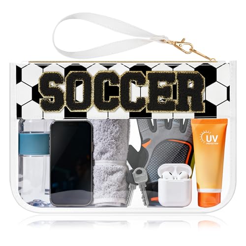 BuyCard Soccer Gift Makeup Bag with Chenille Letter Patch, Clear Cosmetic Pouch PVC Organizer Purse, Waterproof Travel Bag, Portable Toiletry Storage Bag for Her Friends - color: White-Soccer