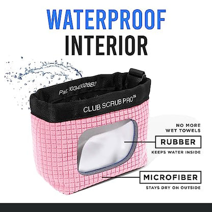 Club Scrub Golf Club and Golf Ball Cleaning Bag, Waterproof Clean Face Technology Liner, Detachable Clip, Machine Washable, Cleans Club Grooves, Dry Exterior (Neoprene or Microfiber Option Available) - color: Pink, style: Microfiber Pro