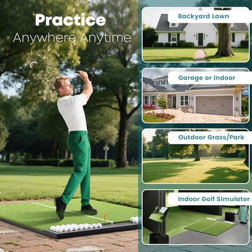 Golf Hitting Mat with Ball Tray, 5x4 / 6x4 ft, 26mm / 31mm Thick, Pro & Elite Turf with Swing Path Line, Premium Golf Practice Mat for Indoor & Outdoor Swing, Chipping, Training