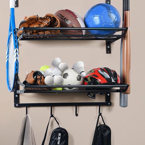 Garage Sports Equipment Organizer Wall Mount - 3 Shelves Ball Rack Organizer and 4 S-Hooks for Easy Installation and Storage of Balls in Garages or Gyms Matte Black