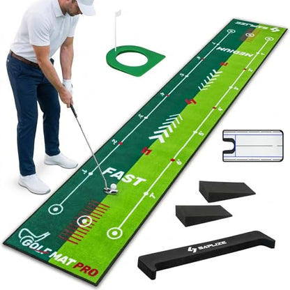 SAPLIZE Golf Putting Mat with Alignment Mirror, Two-Speed Golf Practice Mat, 20 in x 10 ft Indoor Outdoor Putting Green with Anti-Slip Backing