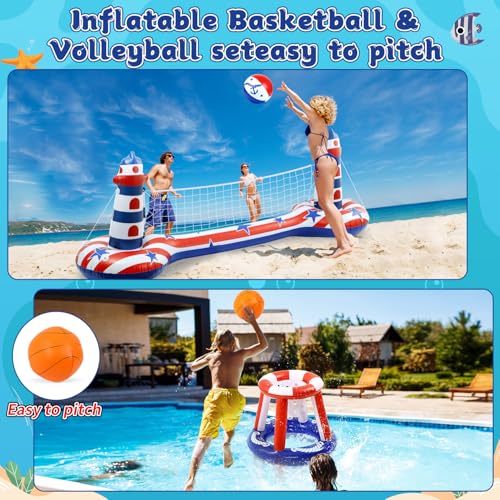 EagleStone Inflatable Pool Float Set with Volleyball Net & Basketball Hoop,2-in-1 Floating Water Games for Kids Adults, Backyard Beach Summer Toys, Heavy-Duty PVC Family Pool Party Essentials - color: Red
