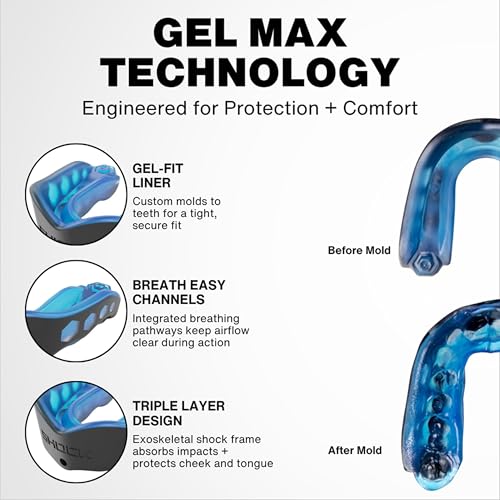 Shock Doctor Mouth Guard Sports, Hockey, Lacrosse, Baseball, Wrestling Moutguard, Gel Max Heavy Duty Protection & Custom Fit, Football Mouth Guard with Strap, Adult & Youth Mouthguard
