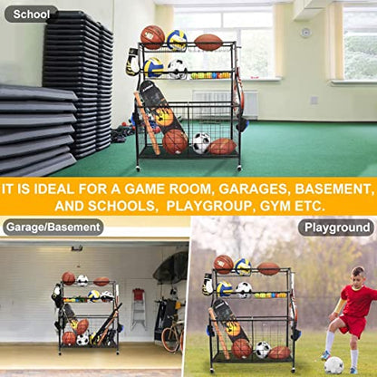 Heavy Duty Garage Sports Equipment Organizer, Ball Storage Rack, Sports Gear Basketball Storage with Baskets, Hooks, Steel Rolling Sports Cart, Outdoor/Indoor Schools, Gyms, Gymnasium, Black