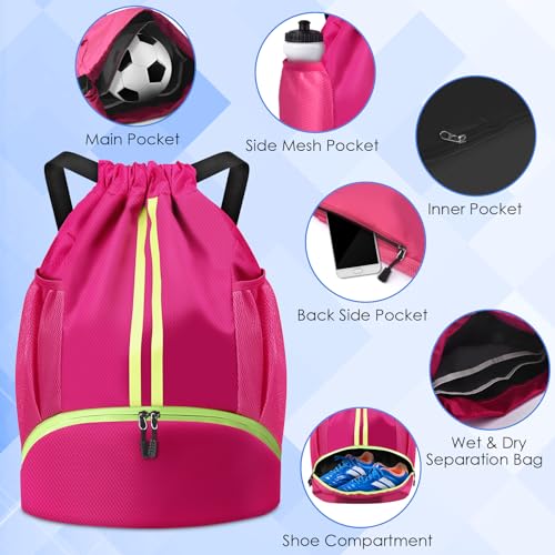 BROTOU Soccer Bags, Football Backpack, Volleyball Bag, Drawstring Backpack with Ball and Shoe Compartment, Football bags for Equipment Swim Gym Bag - color: Pink