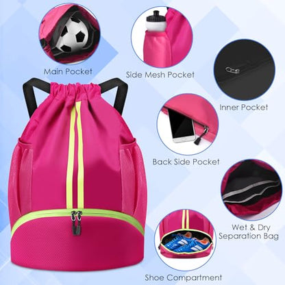 BROTOU Soccer Bags, Football Backpack, Volleyball Bag, Drawstring Backpack with Ball and Shoe Compartment, Football bags for Equipment Swim Gym Bag - color: Pink