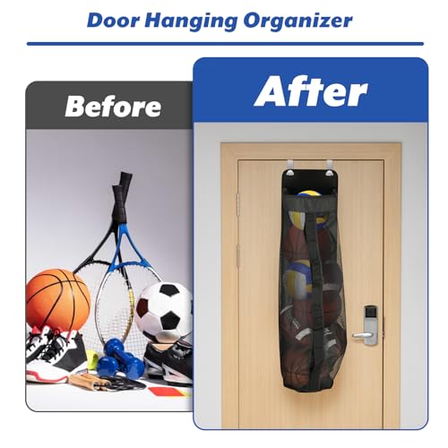 Cosmos Ball Storage Organizer Over Door Hanging Sports Equipment Storage Net Bag Home Garage Sports Accessories Hanging Bag for Holding Basketball Football Soccer Volleyball, with 2 Pcs Metal Hooks