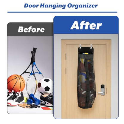 Cosmos Ball Storage Organizer Over Door Hanging Sports Equipment Storage Net Bag Home Garage Sports Accessories Hanging Bag for Holding Basketball Football Soccer Volleyball, with 2 Pcs Metal Hooks
