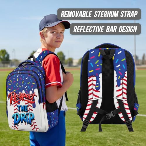 Kids Baseball Backpack Baseball Drip Bookbag, Cool 17 Inch Schoolbag for Elementary High Middle College Students - color: Navy Blue