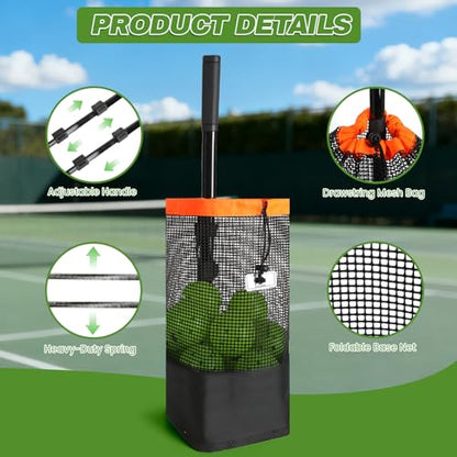 Tennis Ball Hopper & Pickleball Picker Upper, Ball Collector Hopper Holds 60 Tennis Balls or 50 Pickleballs, Adjustable Handle, Heavy-Duty Spring Ball Retriever for Training & Court Practice