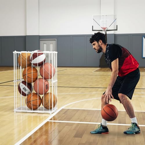 Garage Ball Storage, Wall-Mounted & Floor Ball Holder with Elastic Rope, Sports Equipment Organize Ball Rack for Basketball, Soccer, Volleyball, Football, Garage, Gym, White