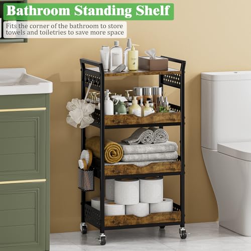 4 Tier Bathroom Storage Cart - Kitchen Rolling Cart on Wheels, Metal Snack Cart Pantry Floor Organizer with Hooks and Mesh Basket, Black Utility Trolley Rack for Fruit Coffee Craft Makeup