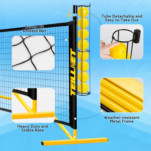 Teillnet Pickleball Net Set – 22FT Portable Net with Metal Holder & 4 Balls, Sturdy Steel Frame Ultra Stable Easy Setup & Carrying Bag 35.4"x7.5"x7.1", Weather-Resistant for Outdoor Indoor Driveway