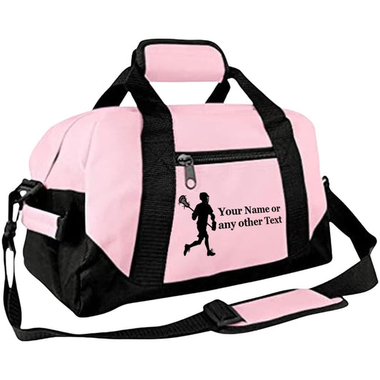 14” Small Sports Duffel Bags for Kids - Waterproof Travel Duffle with Name & Lacrosse Design - Pink Two-Toned Kids Weekender Bag for Boys and Girls - color: Pink, style: Lacrosse