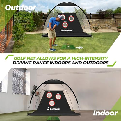 Golfguru All in 1 Golf Practice Net - 10x7ft with Pro Chipping Target, Tri-Turf Mat, 10 Balls, 7 Tees, 2 Rubber Tees, Carry Bag for Backyard Driving Chipping