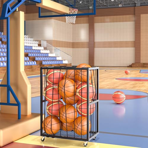 Ball Sports Organizer Storage Cart, Garage Metal Rolling Bin with Thicker Elastic Rope, Ball Holder Rack with Wheels for Volleyball, Basketball, Football, Toys, Gym, Outdoor & Indoor Equipment Storage