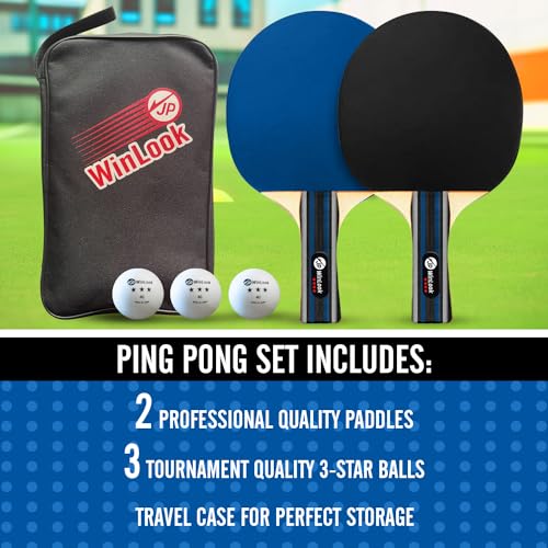 JP WinLook Ping Pong Paddles Sets - Portable Table Tennis Paddle Set with Ping Pong Paddles Professional Case & Ping Pong Balls - Premium Table Tennis Racket Player Set for Indoor & Outdoor Games - style: Black/Blue 2 Paddle Set