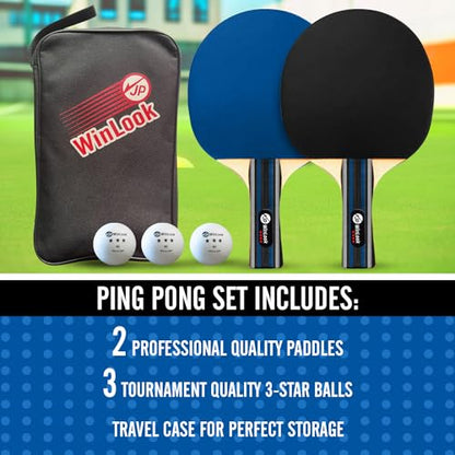 JP WinLook Ping Pong Paddles Sets - Portable Table Tennis Paddle Set with Ping Pong Paddles Professional Case & Ping Pong Balls - Premium Table Tennis Racket Player Set for Indoor & Outdoor Games - style: Black/Blue 2 Paddle Set
