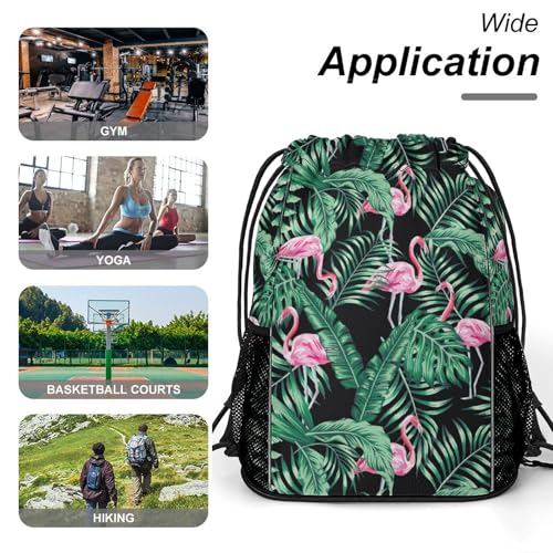Tropical Flamingos Drawstring Backpack Gym Bag With Shoe Compartment String Bag Sport Beach Swimming Sackpack For Women Men - color: Tropical Flamingos