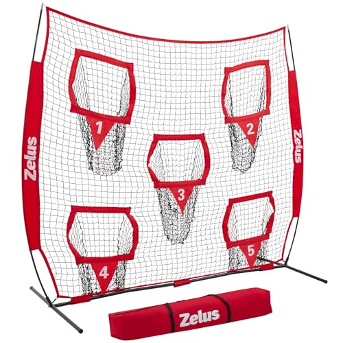 ZELUS Football Throwing Net, Quarterback Training Equipment with 5 Target Pockets, Football Practice Throwing Passing Accuracy Trainer with Carry Bag Ground Stakes for Kids Adults