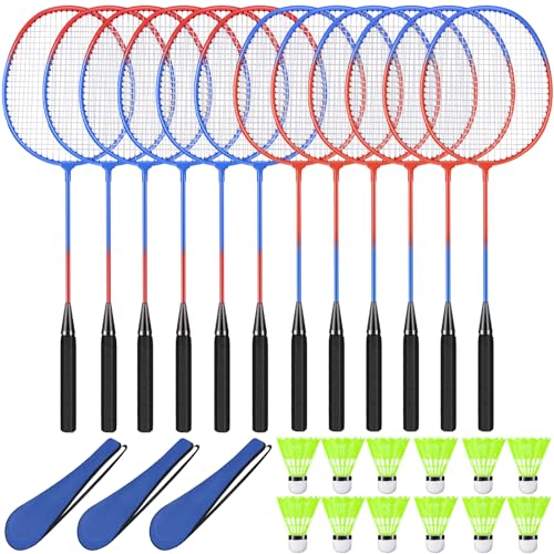 12 Pack Badminton Rackets Set Including Badminton Racquets, Nylon Shuttlecocks and Carry Bag for Outdoor Backyard Games Beginners - color: Red-Blue