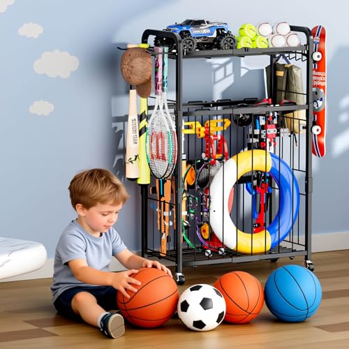 Garage Ball Storage Rack - Sports Equipment Organizer with Wheels, Rolling Sports Ball Cart with Elastic Rope, Outdoor Ball Holder for Basketball Soccer Volleyball Football, Garage Toy Storage