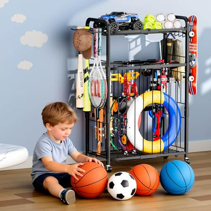 Garage Ball Storage Rack - Sports Equipment Organizer with Wheels, Rolling Sports Ball Cart with Elastic Rope, Outdoor Ball Holder for Basketball Soccer Volleyball Football, Garage Toy Storage