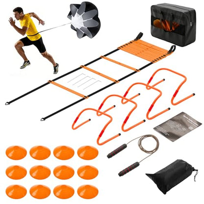 OLIXIS Agility Ladder, Soccer Training Equipment Set, 20 ft Speed Ladder, 12 Soccer Cones, 4 Agility Hurdles, Jump Rope, Resistance Parachute Agility Training Equipment for Kids, Youth, Adults, Orange