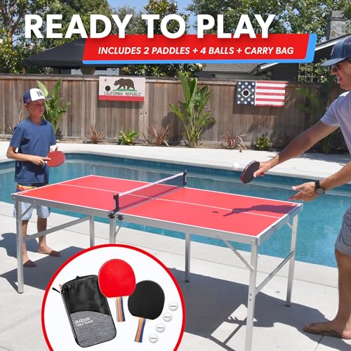 GoSports Mid-Size Table Tennis Game Set - Red or Blue - Indoor/Outdoor Portable Table Tennis Game with Net, 2 Table Tennis Paddles and 4 Balls - style: Red Table