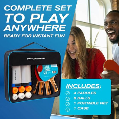 PRO-SPIN Portable Ping Pong Set with Retractable Ping Pong Net for Any Table, All-in-One Table Tennis Set with Ping Pong Paddles, Balls & Case, Table Top Family Game - color: 4-Player Set | Active Red