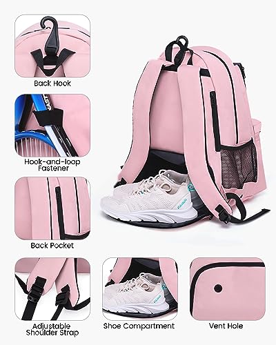 Tennis Bag Professional Tennis Backpack for Men and Women Racket Bags Holds 2 Rackets with Ventilated Shoe Compartment - color: Pink with Shoes Compartment