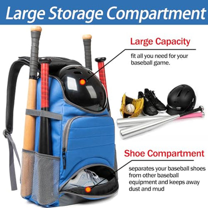 Baseball Bag - Lightweight Softball & T-Ball Backpack with Shoe Compartment for Equipment & Gear - color: BLUE