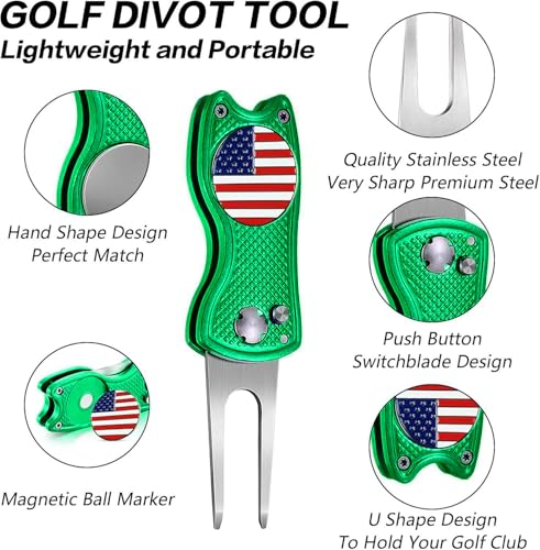 FINGER TEN Golf Divot Repair Tool and Ball Marker Switchblade Value Pack, Foldable Magnetic Stainless Steel with Pop-up Button for Men Women - color: 2 in Green+2 Ball Marker