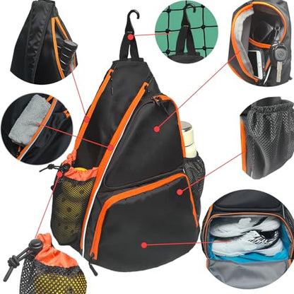 Pickleball Sling Bag with Shoe Compartment for Men Women, Professional 2-3 Paddle Backpack, Large Capacity Bag with 36oz Water Bottle Pocket & Fence Hook - color: Black/Amber