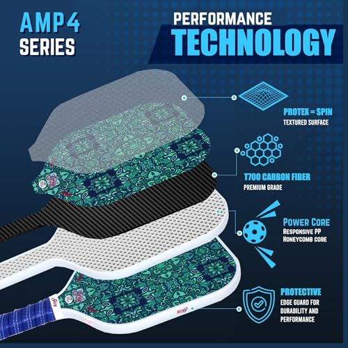 4Joy AMP4 Pickleball Paddle – T700 Carbon Fiber, Lightweight 7.5 oz, Wide Face for Control, 14mm Core, Beginner to Low-Intermediate - USAP Approved - style: Green Forest