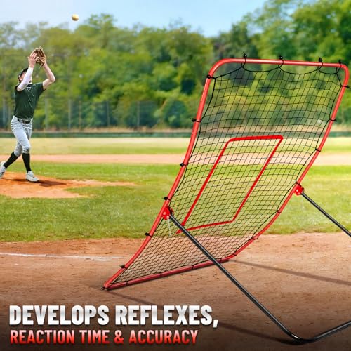 Durable Baseball Rebounder Net, 6x4 FT Pitchback Nets 5 Angles Simulate Grounder,Pop Fly,Line Drive,Softball Rebounders for Pitching,Fielding,Catching Solo Practice,Rebound Net with Strike Zone