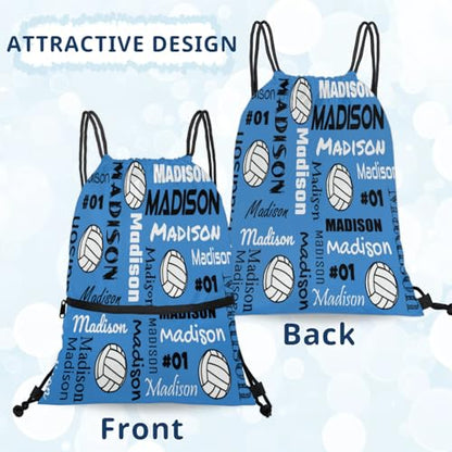 Custom Volleyball Style Drawstring Bag, Personalized Sports Ball Backpack Drawstring Sack Cinch Bags for Team Gift Party Favors, Blue - color: Light Turquoise