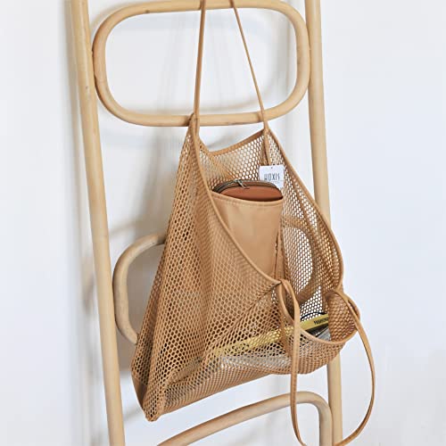 HOXIS Mesh Beach Tote Womens Shoulder Handbag - color: Tan
