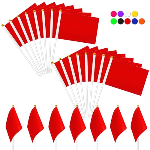 KERDA 25 Pack Solid Red Flags Small Mini Red DIY Graffiti Flags on Stick,Party Decorations for Grand Opening,Kids Birthday,Carnival,5x8 Inches