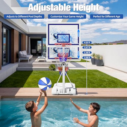 Swimming Pool Basketball Hoop with Shatterproof Backboard, Height Adjustable Basketball Hoop for Pool (3-4 FT) with 50L Fillable Base, Portable Poolside Basketball Hoop Set with Ball & Air Pump