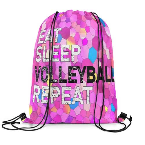 Castle Fairy Eat Sleep Volleyball Repeat Drawstring Backpack 13"X16" Pink Diamond Sackpack for Gym Sports Colorful Tie Dye Water Resistant String Bag for Women Men - color: Pink 2