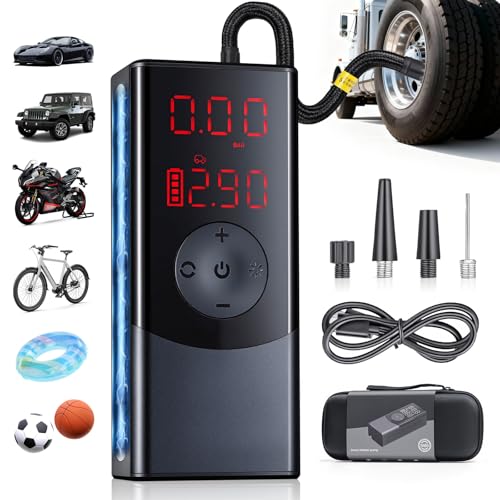 Tire Inflator Portable Air Compressor, Air Pump for Car with LED Light & Digital Pressure Gauge, 150 PSI, Auto Shut-Off, Rechargeable Cordless for Cars, Motorcycle, Bikes, Balls