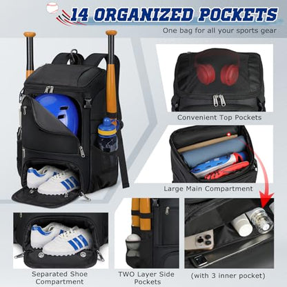 RAINSMORE Baseball Backpack, Lightweight Softball Bag with Shoe Compartment Baseball Bag for Youth & Adult Softball Bat Bag with Fence Hook Helmet Holder Sports Backpack for T-Ball